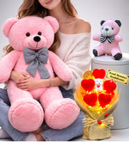 Pembe Büyük Peluş Ayıcık, Kişiye Özel Led Işıklı Buket ve Anahtarlık Seti (Model 2)