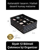 12 Bölmeli Dolap Çekmece İçi Düzenleyici Siyah Organizer Çorap Kravat Hobi Kutusu Kozmetik Aksesuar