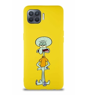 Oppo Reno 4 Lite Soft Premier Kapak Squidward Dokunaç Tasarımlı Silikon Kılıf - Sarı (Şeffaf)