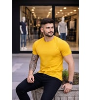 Erkek Body Tişört Bisiklet Yaka Slim Fit Likralı T-Shirt - Sarı