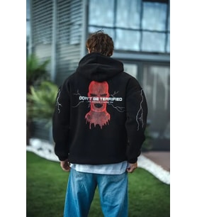 Üç İplik Kapüşonlu Baskılı Oversize SweatShirt- Siyah