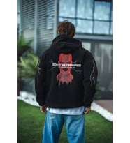 Üç İplik Kapüşonlu Baskılı Oversize SweatShirt- Siyah