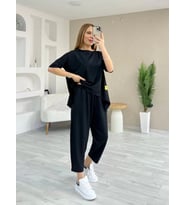 Kadın Kısa Kollu Bisiklet Yaka Viskon Iki Iplik Bluz Ve Pantolon Ikili Takım (Siyah)