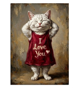I Love You Yazılı Beyaz Kedi Tablosu Dekoratif Kanvas - Mdf Ahşap Tablo