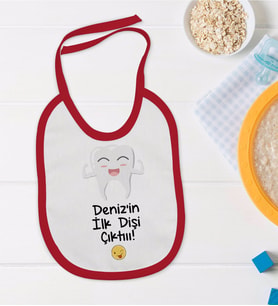 BK Kids Kişiye Özel İlk Diş Tasarımlı Kırmızı Bebek Mama Önlüğü-1