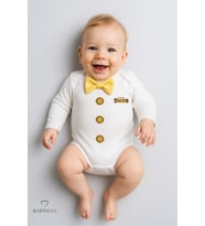 BABYDEN'S Minik Patron Papyonlu Bebek Body ,Düğme Deseni Baskılı, Erkek Bebek Uzun Kollu Çıtçıtlı Body Pamuklu (Sarı)