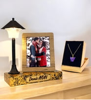Kişiye Özel Işıklı Mermer Tasarımlı Masa Lambası & Kelebek Kolye  GOLD