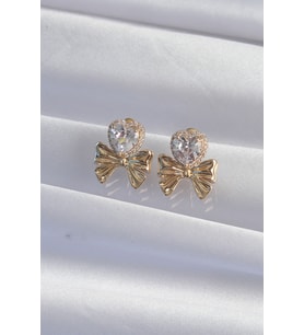 Pirinç Gold Renk Zirkon Taşlı Kalp Model Fiyonk Küpe 5886 - SSSSSS3027-4321