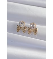 Pirinç Gold Renk Zirkon Taşlı Kalp Model Fiyonk Küpe 5886 - SSSSSS3027-4321