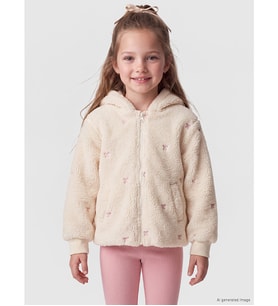 LCW Kids Ekru Fiyonk Nakışlı Kapüşonlu Kız Çocuk Pelüş Mont