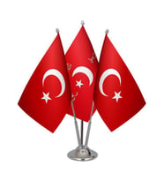 Masa Üstü İttihat ve Terakki Bayrağı Türk Bayrağı Üçlü Krom Direk Masa Bayrak Seti