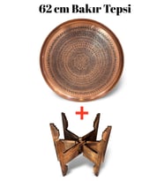 62 cm El İşlemeli Otantik Desenli Kalın Urfa Bakır Tepsi + Katlanabilir Sehpa - BAKIR-TPS497