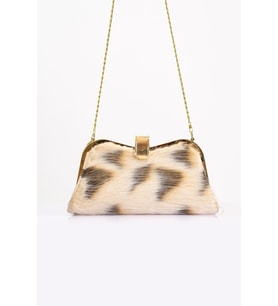 Markano Bej Desenli Suni Kürk Zincirli El ve Omuz Clutch Portföy Çanta