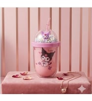 Kuromi & Friends 3D Figürlü Simli Pipetli Bardak (Pudra Pembe)