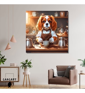 Kare Kanvas Kahve Köşesi Cafe Tablosu Barista King Charles Köpek