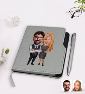BK Gift Kişiye Özel Sevgililer Karikatürlü Gri Termo Deri Defter Kalem Seti-100