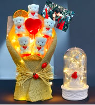 Size Özel Fotoğraflı Led Işıklı Buket ve Led Işıklı Beyaz Melekli Fanus - Premium Hediye Seti (Model 1)