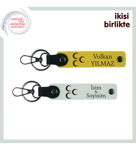 Aşkın ve Bağlılığın Simgesi – Üç Hilal Ve İsimli İkili Anahtarlık Set, Sarı-Beyaz