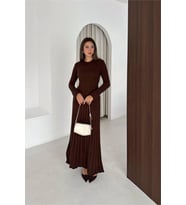 kadın ekru fitilli triko tam boy standart beden arka bağlamalı elbise NBK2585
