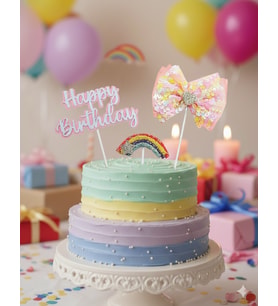 Happy Birthday – Pasta Üstü Tüllü Gökkuşağı 3'lü Pembe Tekrar Kullanılabilir Süs