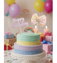 Happy Birthday – Pasta Üstü Tüllü Gökkuşağı 3'lü Pembe Tekrar Kullanılabilir Süs