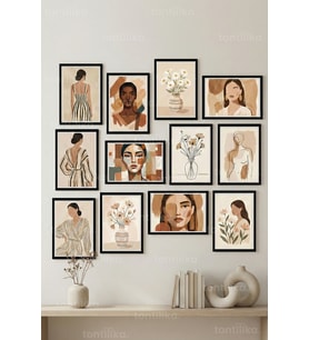 12 Parça Abstract Female & Floral Art 2 Renk Seçenekli Çerçeve Görünümlü Tablo Seti