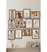 12 Parça Abstract Female & Floral Art 2 Renk Seçenekli Çerçeve Görünümlü Tablo Seti