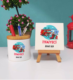 İtfaiyeci Tasarımlı Kişiye Özel Hediye İtfaiyeci Kalemlik ve Dekoratif Taş Baskı Hediye Seti