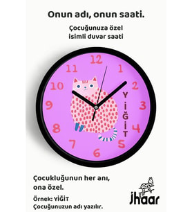 İsme Özel Kedi Çocuk Odası Duvar Saati Orta Boy 30 cm Siyah Camlı Sessiz