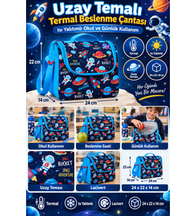 Uzay Astronot Roket Gezegen Termal Isı Yalıtımlı Beslenme Çantası Çocuk Lacivert 24x22x14 cm