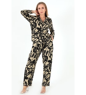 DoReMi Base Desenli Uzun Kollu Kadın Pijama Takım (Siyah)