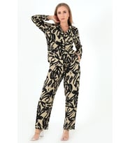 DoReMi Base Desenli Uzun Kollu Kadın Pijama Takım (Siyah)