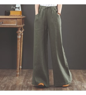 Günlük Pantolon Beli Lastikli Bağcıklı Keten (Haki)
