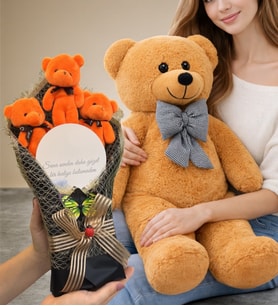 Premium Ayıcık Buketi Seti, Aynalı Turuncu Ayıcık Buketi ve Büyük Boy Peluş Ayıcık (Model 2)