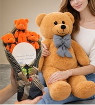 Premium Ayıcık Buketi Seti, Aynalı Turuncu Ayıcık Buketi ve Büyük Boy Peluş Ayıcık (Model 2)