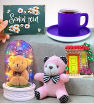 Mor Kahve Fincanlı Renkli Led Işıklı Fanuslu Hediye Seti (Model 4)