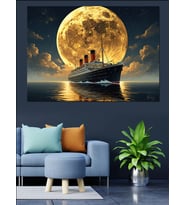 Ay Işığında Okyanusta Büyük Gemi Dekoratif Kanvas - Mdf Ahşap Tablo