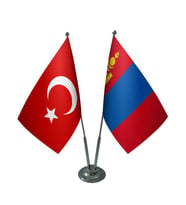 Masa Üstü Moğolistan Bayrağı Türk Bayrağı İkili Krom Direk Masa Bayrak Seti