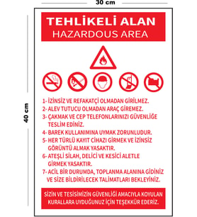 Metal Tehlikeli Alan 30 cm x 40 cm A3 Büyüklüğünde Uyarı Levhası Yönlendirme Tabelası