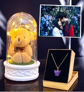 Size Özel Işıklı Peluş Ayıcıklı Fanus & Kelebek Kolye  Sevgiliye Hediye  Doğum Günü Hediyesi
