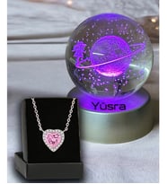Kişiye Özel Renkli Led Işıklı Cam Satürn Kız Kar Küresi Kristal Pembe Taşlı Kalp Kolye