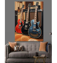 Üç Elektro Gitar Enstrüman Dekoratif Kanvas - Mdf Ahşap Tablo