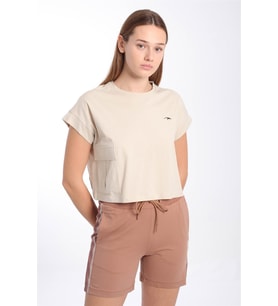 Maraton Comfort Kadın Bisiklet Yaka  Kil Rengi Crop Top