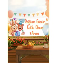 Kişiye Özel Tavşan Ayı İsimli Doğum Günü Pankartı, Doğum Günü Afişi, Çocuk, Bebek İyi ki Doğdun Banner 50x150cm (Turkuaz)