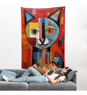 Pablo Picasso Tarzı - Soyut Renkli Kedi Duvar Örtüsü-7372