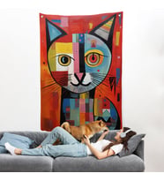 Pablo Picasso Tarzı - Soyut Renkli Kedi Duvar Örtüsü-7372