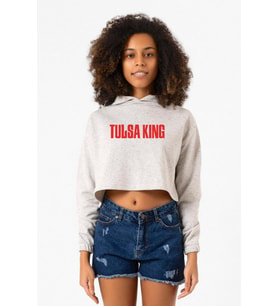Tulsa King Lettern Beyaz Kırçıllı Kadın Crop Kapşonlu
