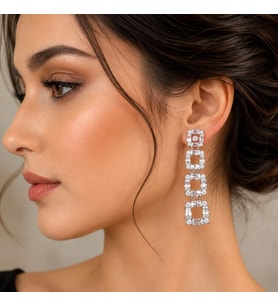 Valmont Accessories Zirkon Taşlı Geometrik Kare Sallantılı Kadın Küpe Gümüş Renk Şık Abiye Tasarım
