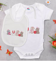BK Kids Cute Tasarımlı Beyaz Bebek Body Zıbın ve Mama Önlüğü Hediye Seti-2