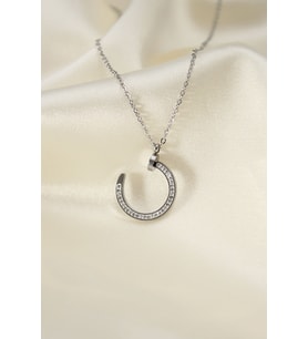 Çelik Silver Renk Zirkon Taşlı Çivi Model Kadın Kolye 5886 - HEP-6043-1915